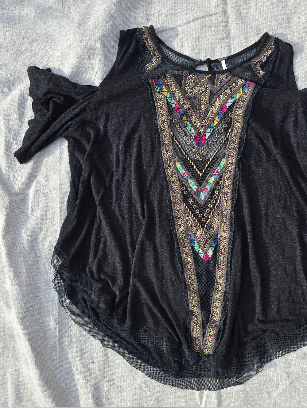 Free People Black Cut- Out Shoulder Short Sleeved Top W/ Sequin Chevron Patterns